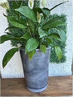 Vaso decorativo cinza com efeito marmorizado para planta, com folhas verdes, sobre uma mesa de madeira.