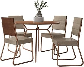 Conjunto de mesa redonda e quatro cadeiras com base em metal bronze e assentos estofados