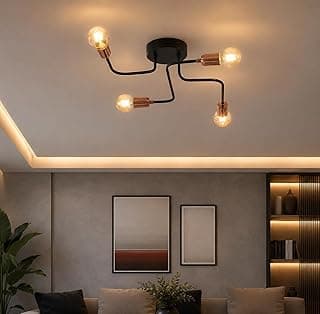 Luminária de teto moderna com quatro braços em preto e cobre, ideal para sala de estar.