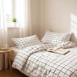 Capa de duvet com padrão de grade para edredom queen, preto e branco