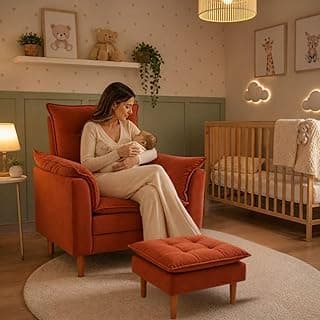 Poltrona Amamentação com Puff Confortável Moderna para Quarto Infantil Suede Terracota