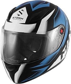 Capacete motociclista adulto unissex azul e preto, Storm, com viseira transparente e detalhes esportivos.