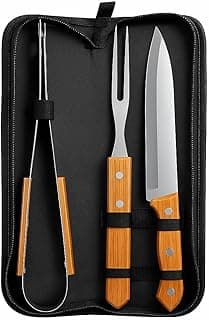 Kit churrasco 3 peças com estojo preto, faca, garfo e pegador com cabos de madeira