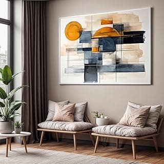 Quadro abstrato laranja e azul com moldura bege para sala ou quarto