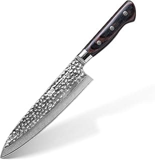 Faca de chef Gyuto de 20 cm com lâmina de aço damasco e cabo de madeira, ideal para culinária profissional.
