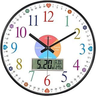 Relógio de parede infantil Baoblaze multicolorido de 12 polegadas, silencioso, design educativo
