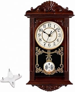 Relógio de parede vintage marrom com pêndulo decorativo e mostrador branco
