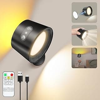 Arandela LED magnética recarregável sem fio, preta, com controle remoto, três cores, brilho ajustável.