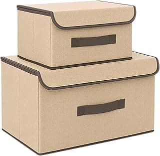 Kit com 2 Caixas Organizadoras dobráveis com Tampa em tecido TNT, cor bege com detalhes marrons.