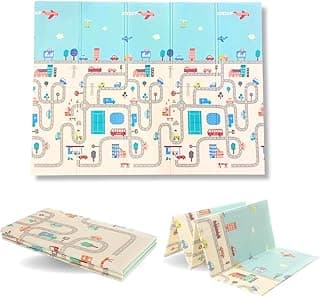 Tapete térmico infantil dobrável com ilustrações de uma cidade, azul claro