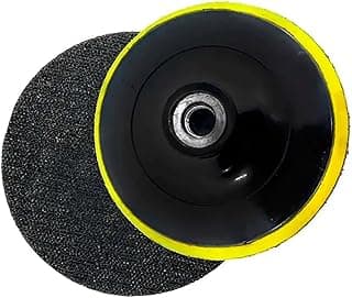 Base para disco de lixa 125mm x M14 com fixação rápida, disco abrasivo preto com borda amarela, fundo branco.