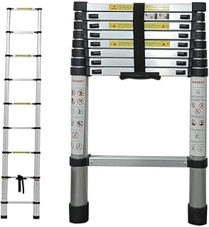 Escada telescópica de alumínio de 9 degraus, vertical e horizontal, com etiquetas de segurança, fundo branco
