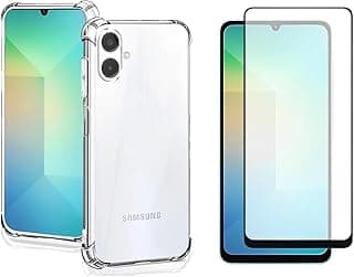 Kit de proteção transparente para Samsung Galaxy A06 com capa anti-impacto e película de vidro temperado 3D.