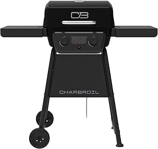 Churrasqueira a gás Charbroil Classic Series 2 Queimadores preta com botões de controle e logotipo CB