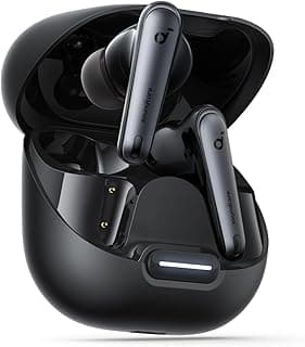 Fone de ouvido soundcore Liberty 4 NC da Anker, preto, dentro do estojo de carregamento.