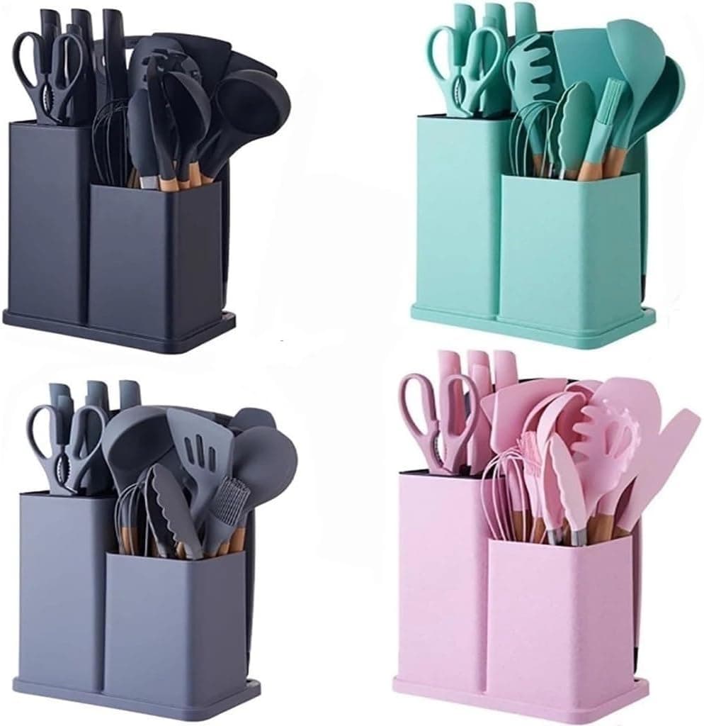 Kit Completo Jogo de Cozinha Luxo 19 Peças Com Tábua em Silicone Cabo Madeira Conjunto Completo Espátula Concha Colher Jogo Suporte Faca Antiaderente Tabua Tesoura Faqueiro PREMIUM (Cinza)