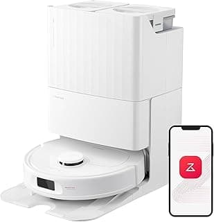 Robô aspirador de pó e passa pano Roborock Qrevo S branco com base de recarga e smartphone mostrando aplicativo de controle.