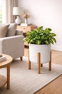Vaso de planta branco com pé de madeira em sala de estar