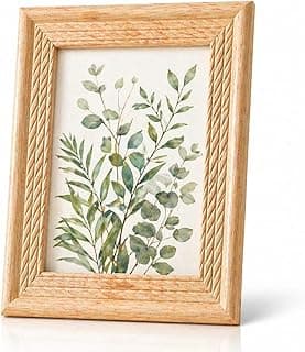 Porta retrato de madeira com moldura elegante riscada, impressão de folhas verdes, estilo rústico