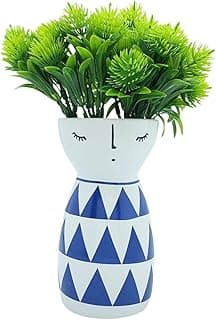 Vaso decorativo em porcelana azul e branco com padrão geométrico