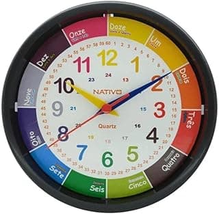 Relógio de parede educativo colorido redondo com indicadores de horas multicoloridos e texto Nativo