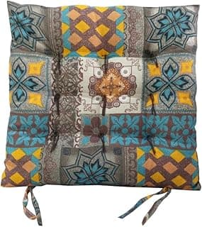 Almofada futon com estampas geométricas e florais, tons de azul, amarelo e marrom