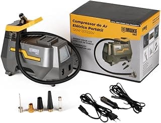Mini Compressor de Ar Elétrico Portátil Muke Tools 120W 150 Psi, com caixa e acessórios, cinza e amarelo.