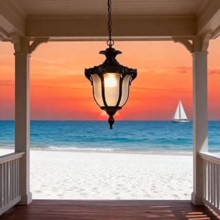 Luminária pendente retrô preta com vidro fosco em varanda à beira-mar ao pôr do sol