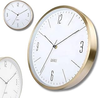 Relógio de Parede Silencioso Dourado em Alumínio Decorativo Minimalista Moderno Cozinha Quarto Sala Escritório Redondo Fundo Branco Ponteiro de Segundos Contínuo
