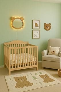 Quarto de bebê decorado com espelho de parede infantil com LED em forma de urso, berço de madeira e poltrona com almofada de urso.