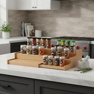 Organizador de condimentos de bambu de três níveis extensível para cozinha