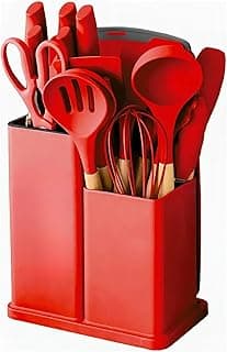 Utensilios Para Cozinha Silicone Kit 19 Peças Cabo Madeira Conjunto Completo Espátula Concha Colher Jogo Suporte Faca Antiaderente Tabua Tesoura Faqueiro PREMIUM (Vermelho)
