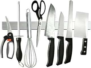 Suporte magnético para facas com várias facas e utensílios de cozinha