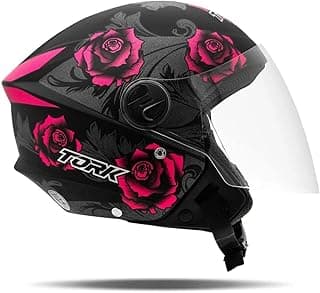 Capacete aberto preto com rosas em fundo fosco rosa, visor transparente, texto TORK em branco, tamanho 58.