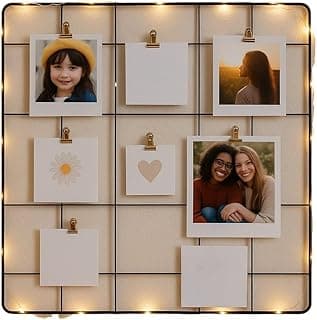 Painel de fotos Memory Board com LED, estilo porta-retrato, 30x30 cm, preto, com iluminação LED e fotos penduradas.