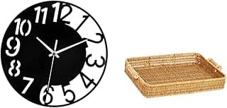 Cesta de frutas decorativa de tecido e relógio de parede redondo simples