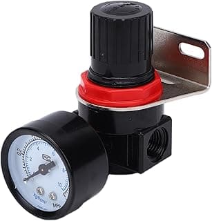 Regulador de compressor de ar com manômetro, botão ajustável, corpo preto, manômetro branco, fundo branco