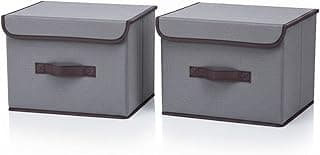 Kit 2 caixas organizadoras dobráveis cinza com tampas e alças marrons