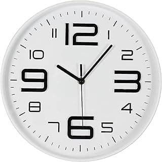 Relógio de parede redondo minimalista branco com números pretos em relevo, 30cm, elegante