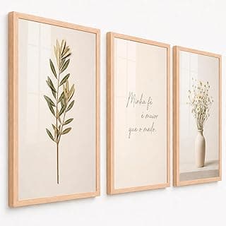 Kit 3 quadros decorativos minimalistas com frases e imagens de folhas e flores, molduras amadeiradas, ideal para decoração de sala e quarto.