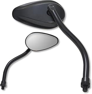 Espelho retrovisor de motocicleta preto com formato de gota, haste ajustável e base sólida.