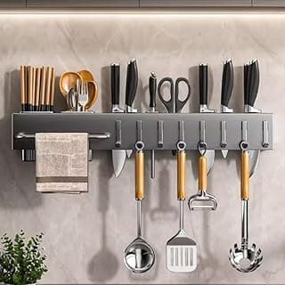 Suporte Organizador de Utensílios de Cozinha em Alumínio com Ganchos e Porta Facas