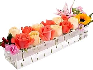 Vaso decorativo de centro de mesa acrílico com flores artificiais vermelhas, brancas e coloridas