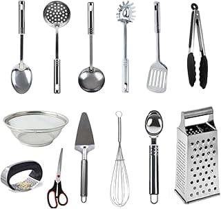 Kit de utensílios de cozinha em aço inoxidável com 13 peças, incluindo colheres, escumadeiras, espátulas e mais, em fundo branco