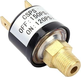 Válvula de controle de pressão preta e dourada com rótulo OFF: 150PSi ON: 120PSi