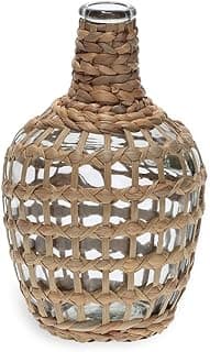 Vaso em vidro transparente com fibra natural marrom, fundo branco