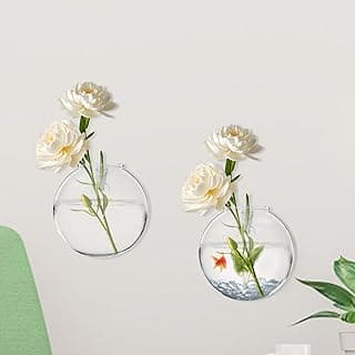 Dois vasos de parede transparentes com flores brancas e um peixe dourado