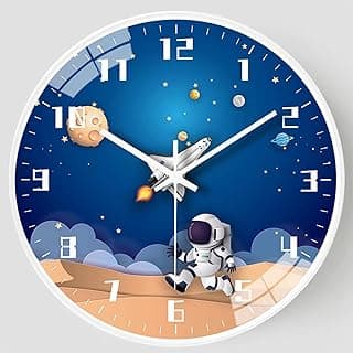 Relógio de parede infantil com movimento silencioso de 30,8 cm, QINFIEY sem tique-taque infantil relógio de parede redondo operado a bateria estilo viagem espaço decoração relógio infantil para casa escola meninos quarto sala de estar (branco)