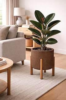 Vaso de planta moderno com pés de madeira em marrom, ideal para decoração de interiores.