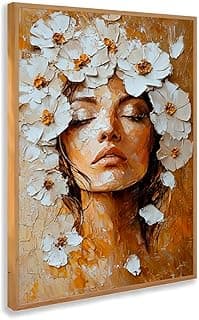 Pintura moderna de mulher com flores brancas em fundo amarelo e marrom